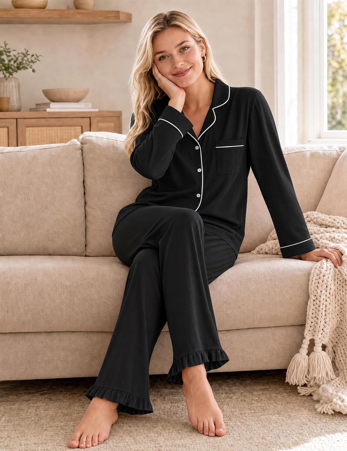 image:imageSWOMOG 100 Cotton Pajamas for Women Set 2 Pieces Button Down Pajamas SetBlack