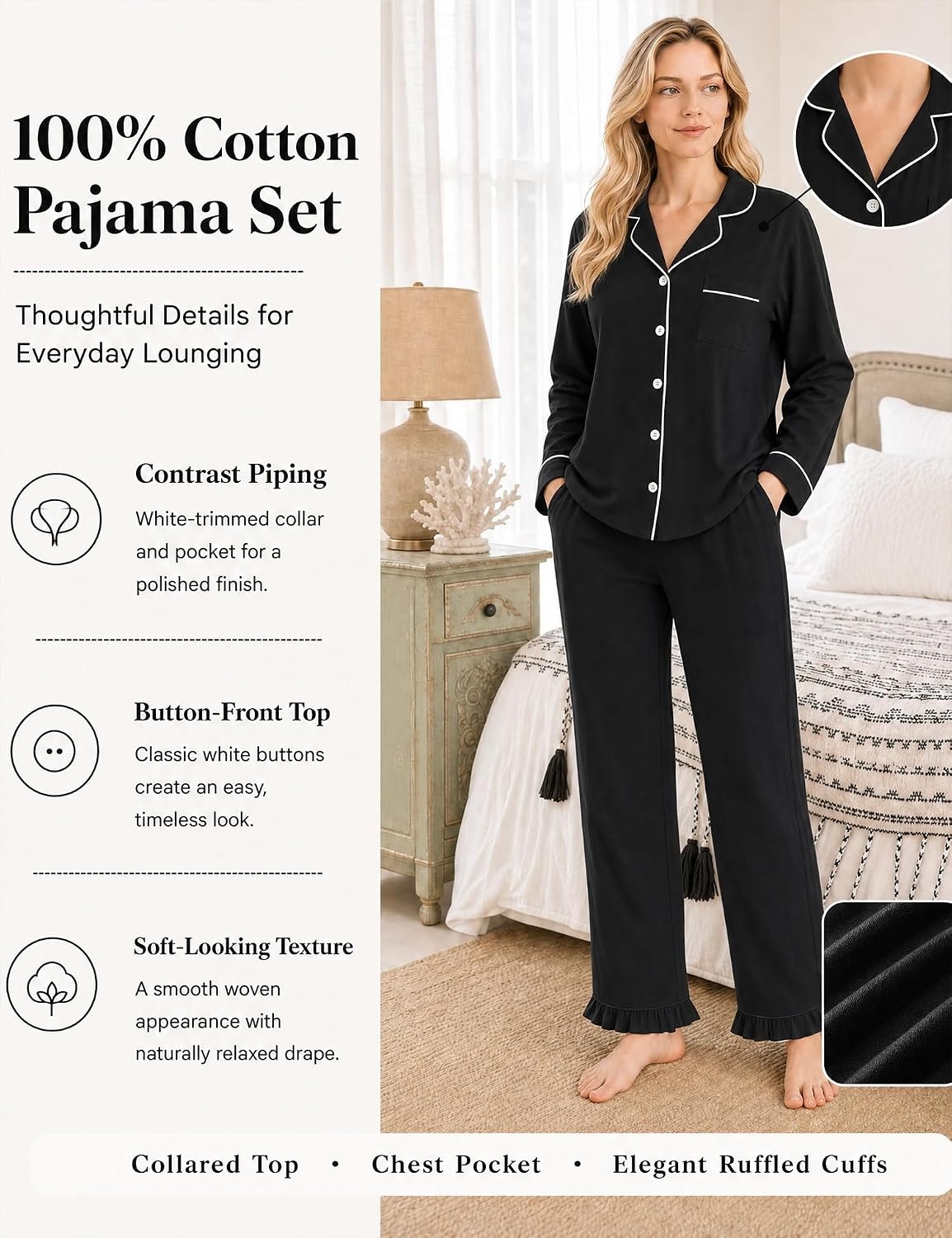image:imageSWOMOG 100 Cotton Pajamas for Women Set 2 Pieces Button Down Pajamas SetBlack
