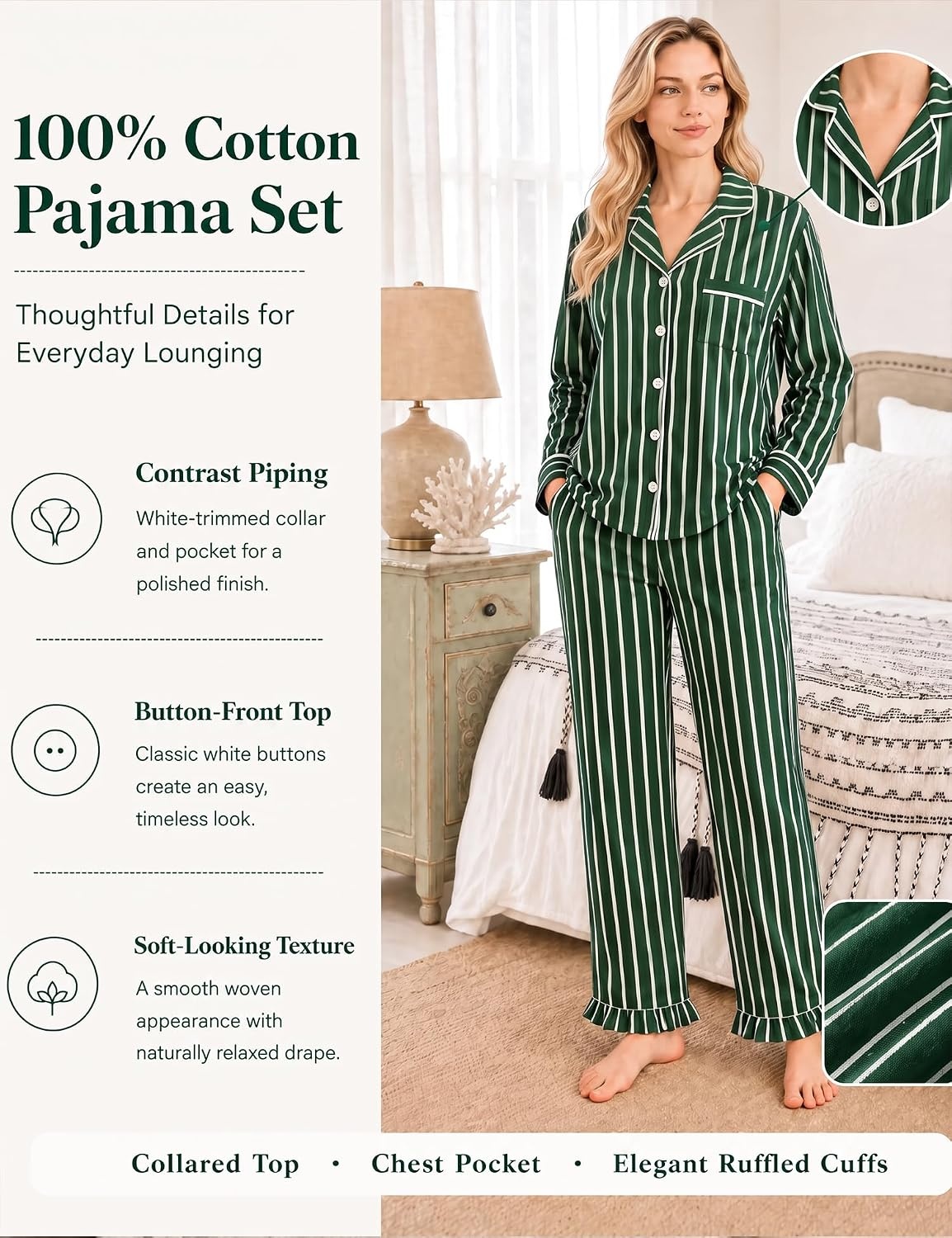 image:imageSWOMOG 100 Cotton Pajamas for Women Set 2 Pieces Button Down Pajamas SetGreen White Stripes
