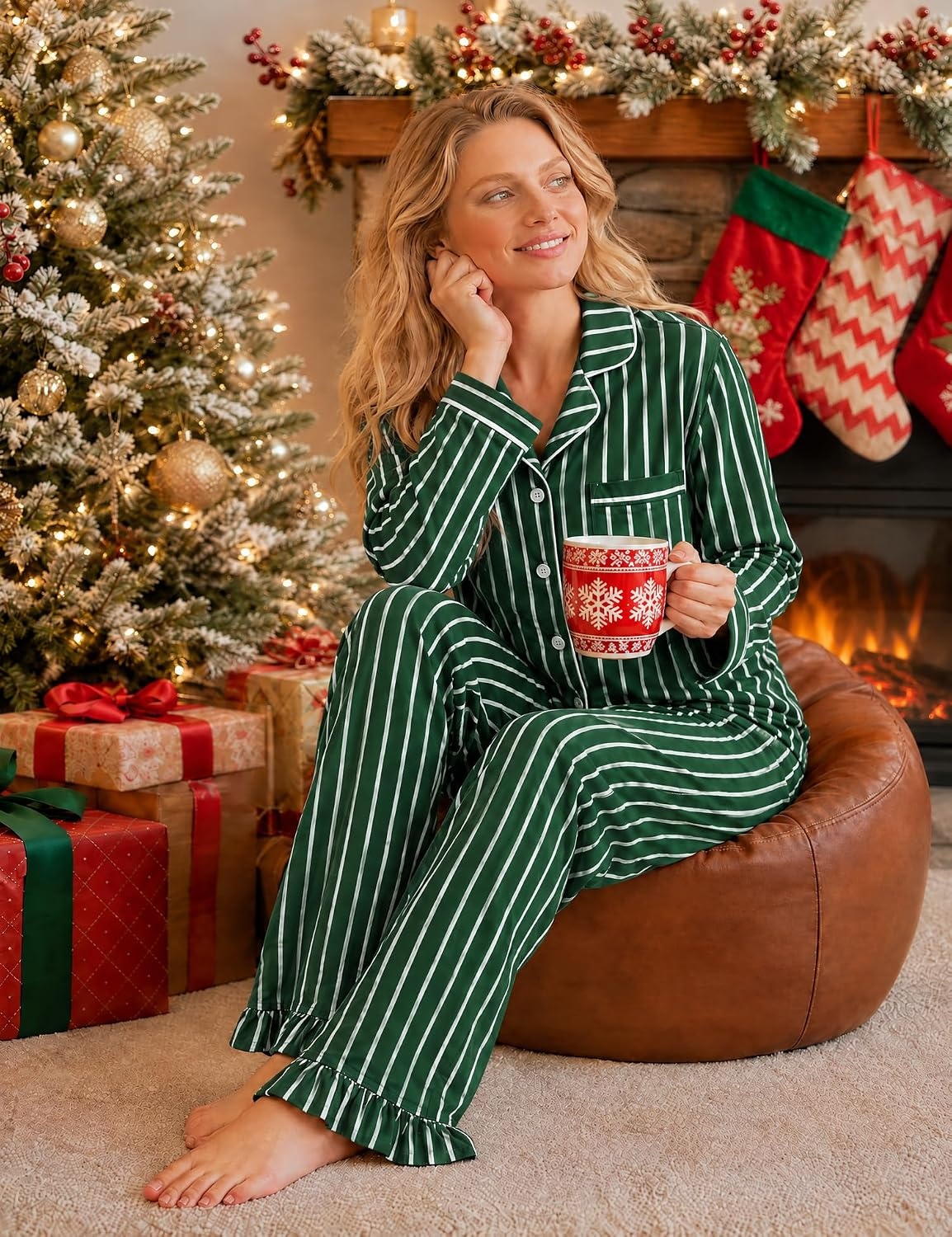 image:imageSWOMOG 100 Cotton Pajamas for Women Set 2 Pieces Button Down Pajamas SetGreen White Stripes