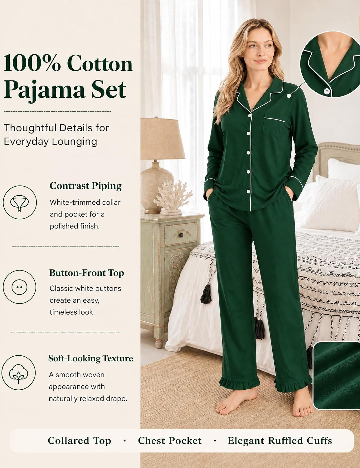 image:imageSWOMOG 100 Cotton Pajamas for Women Set 2 Pieces Button Down Pajamas SetGreen
