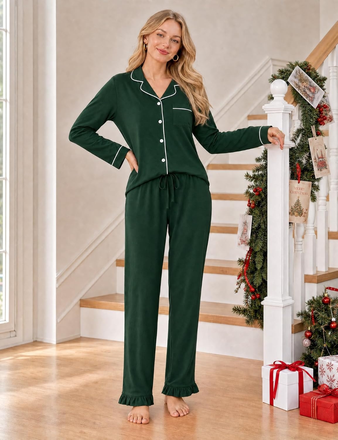image:imageSWOMOG 100 Cotton Pajamas for Women Set 2 Pieces Button Down Pajamas SetGreen