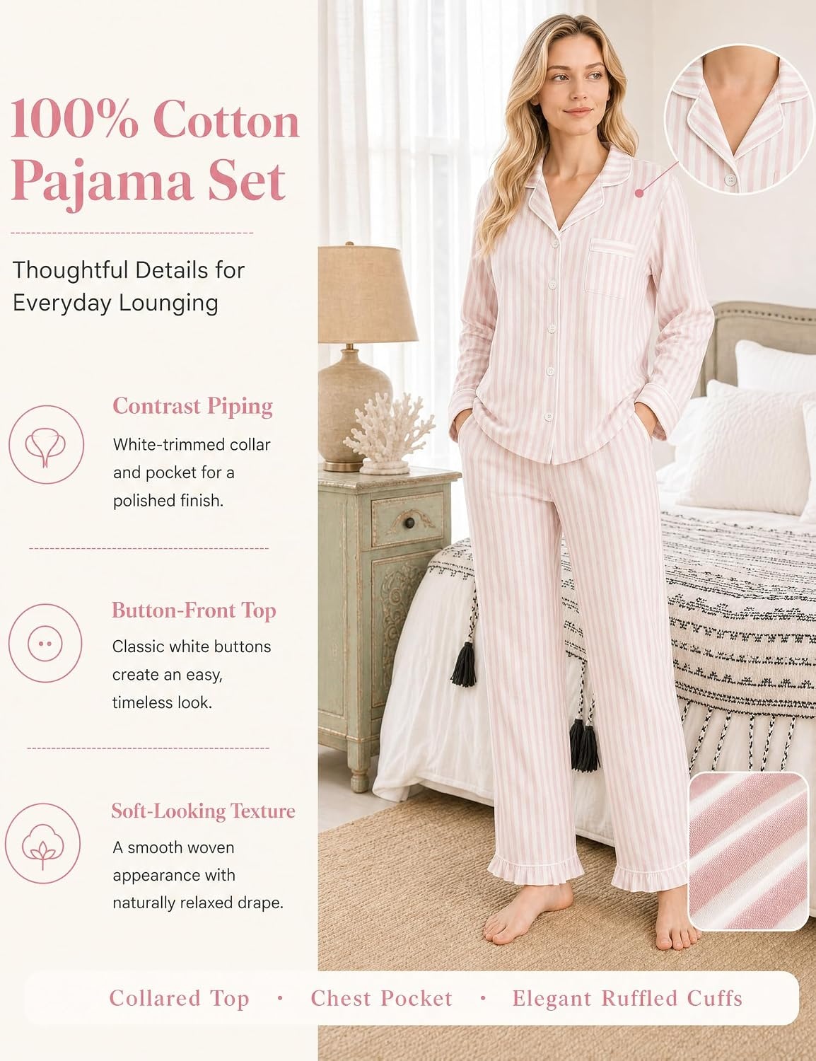image:imageSWOMOG 100 Cotton Pajamas for Women Set 2 Pieces Button Down Pajamas SetPink White Stripes