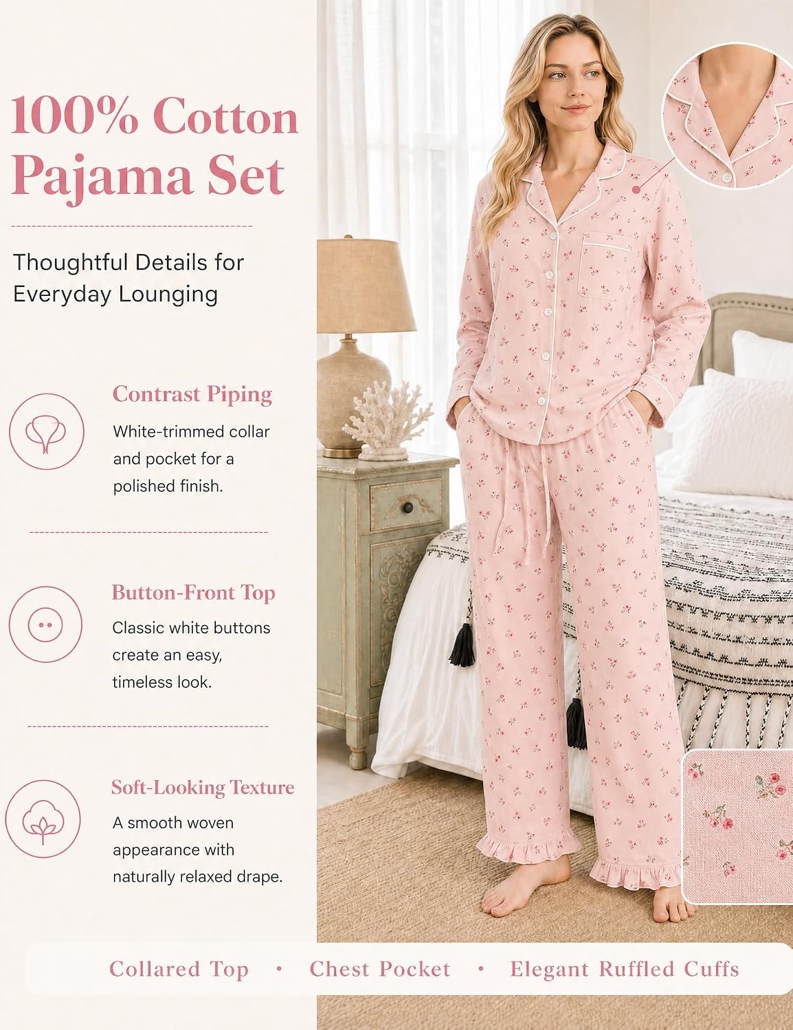 image:imageSWOMOG 100 Cotton Pajamas for Women Set 2 Pieces Button Down Pajamas SetPink Ditsy Floral