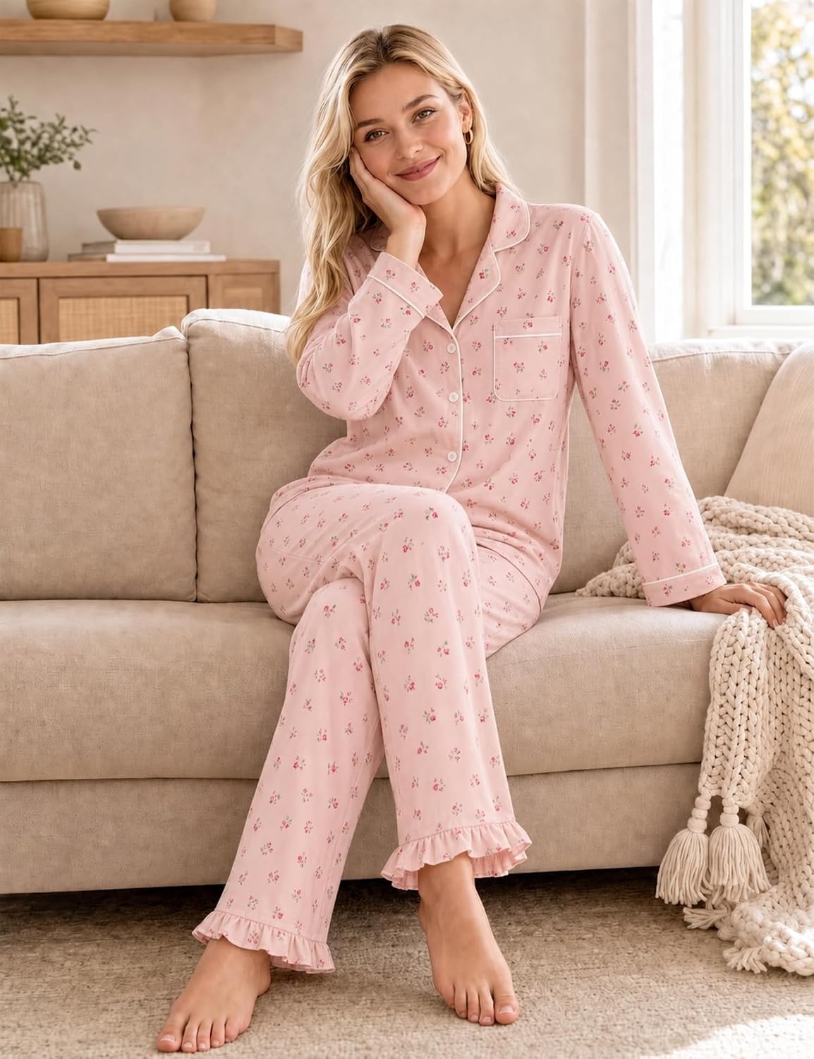 image:imageSWOMOG 100 Cotton Pajamas for Women Set 2 Pieces Button Down Pajamas SetPink Ditsy Floral