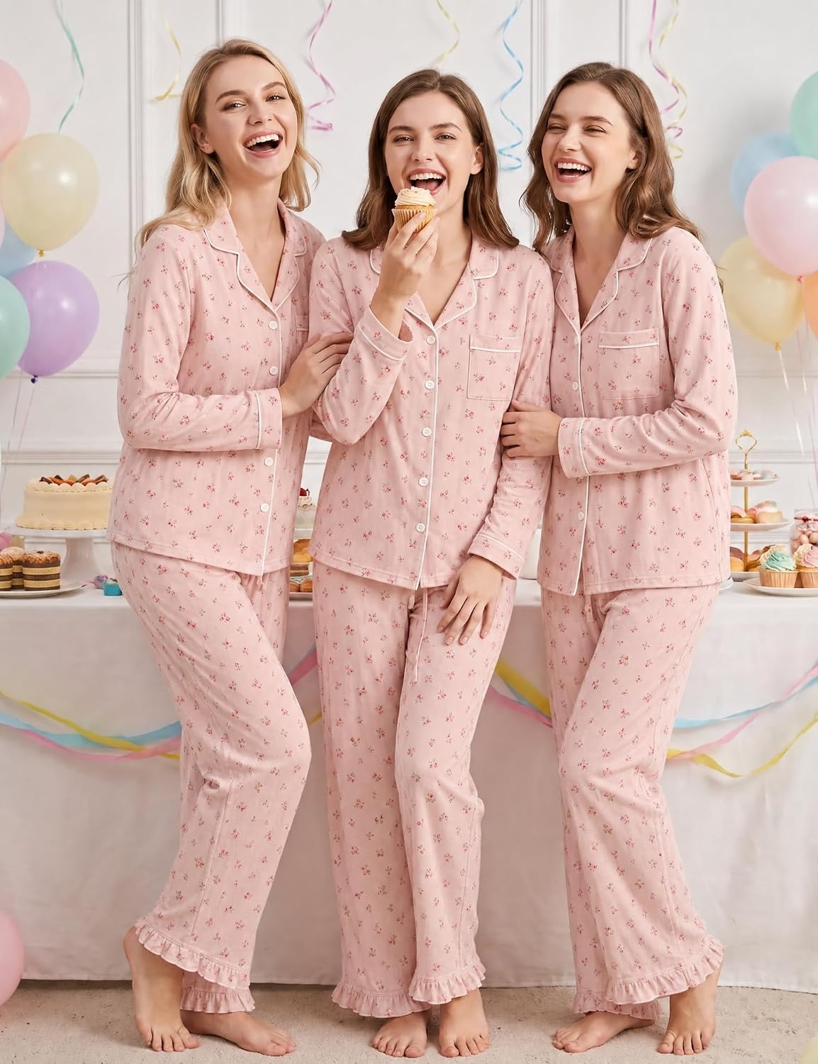 image:imageSWOMOG 100 Cotton Pajamas for Women Set 2 Pieces Button Down Pajamas SetPink Ditsy Floral