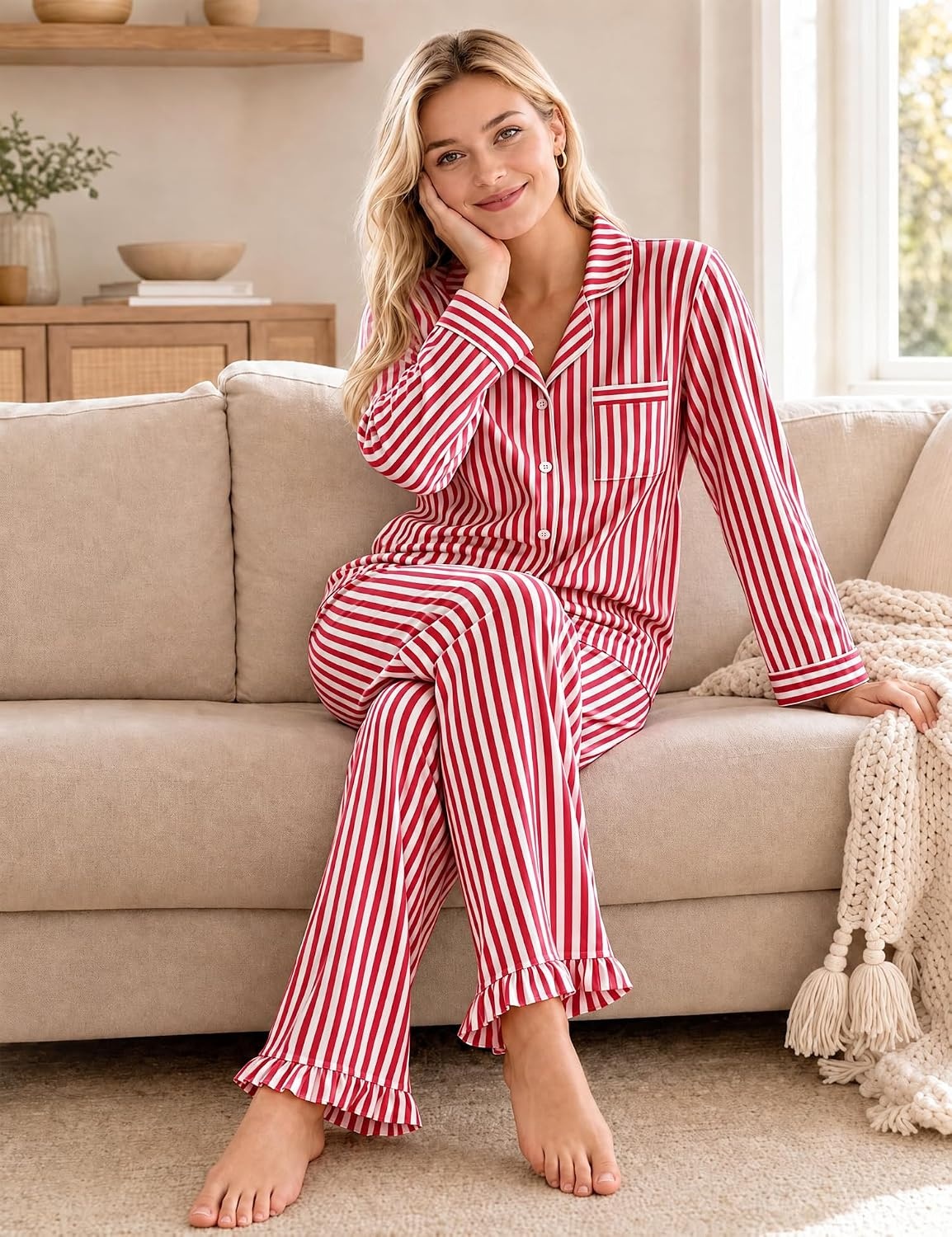 image:imageSWOMOG 100 Cotton Pajamas for Women Set 2 Pieces Button Down Pajamas SetRed White Stripes