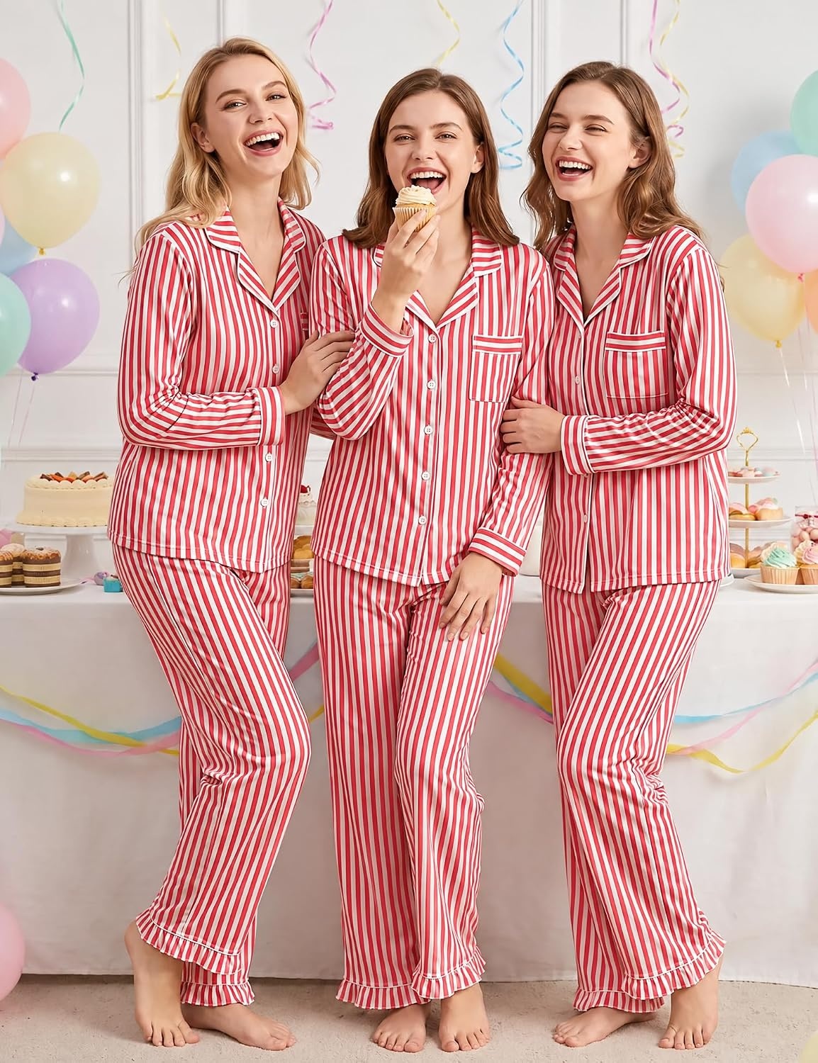image:imageSWOMOG 100 Cotton Pajamas for Women Set 2 Pieces Button Down Pajamas SetRed White Stripes