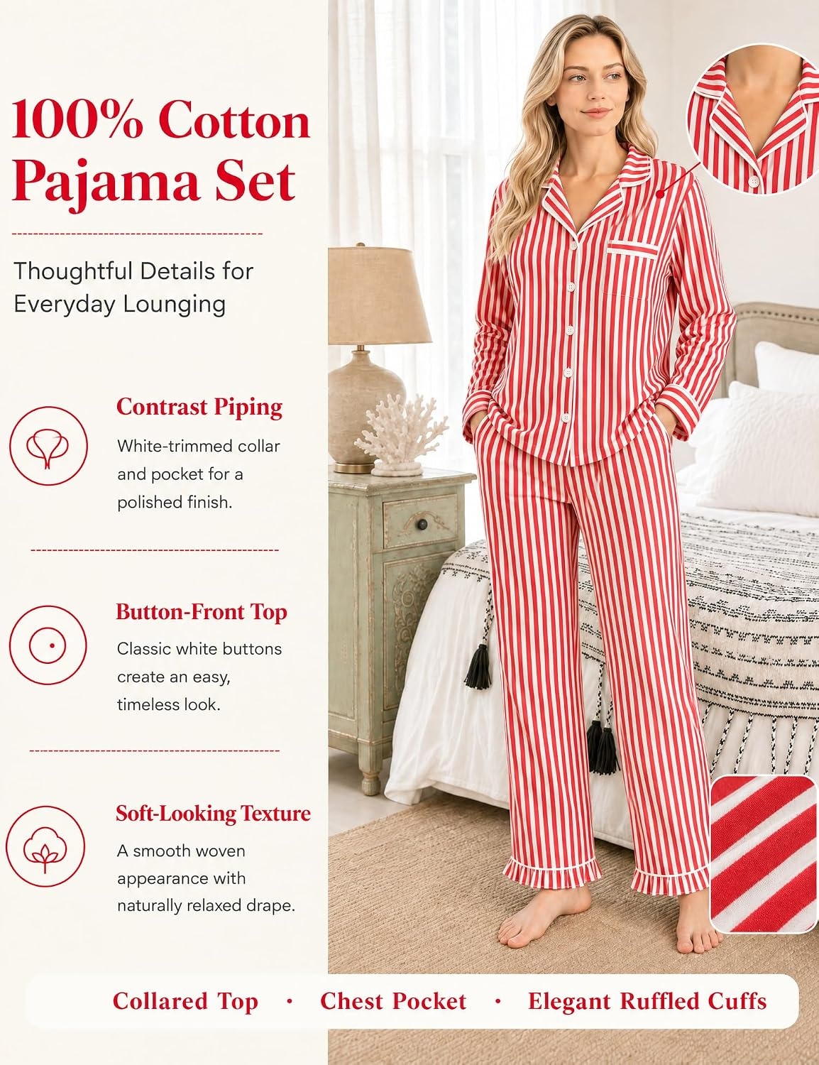image:imageSWOMOG 100 Cotton Pajamas for Women Set 2 Pieces Button Down Pajamas SetRed White Stripes