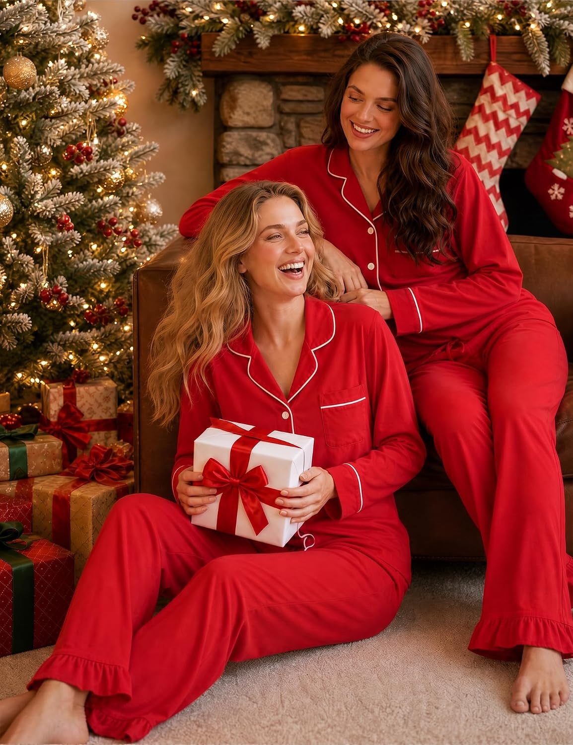 image:imageSWOMOG 100 Cotton Pajamas for Women Set 2 Pieces Button Down Pajamas SetRed