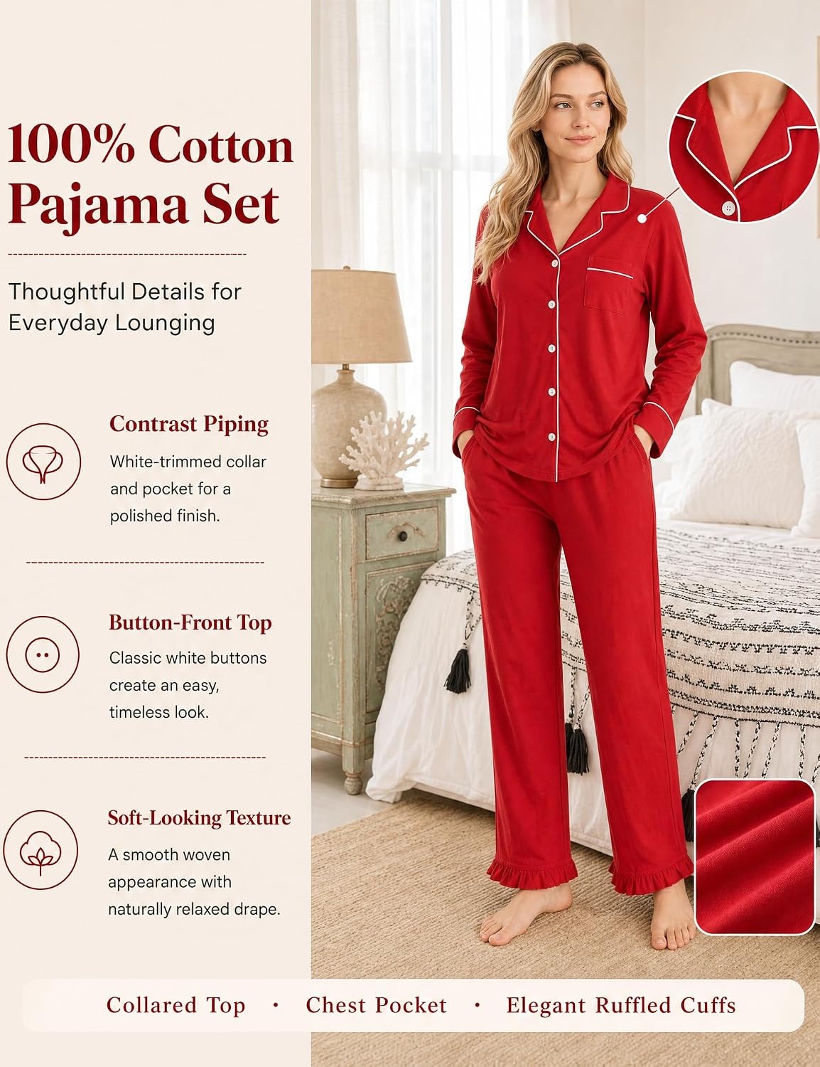 image:imageSWOMOG 100 Cotton Pajamas for Women Set 2 Pieces Button Down Pajamas SetRed