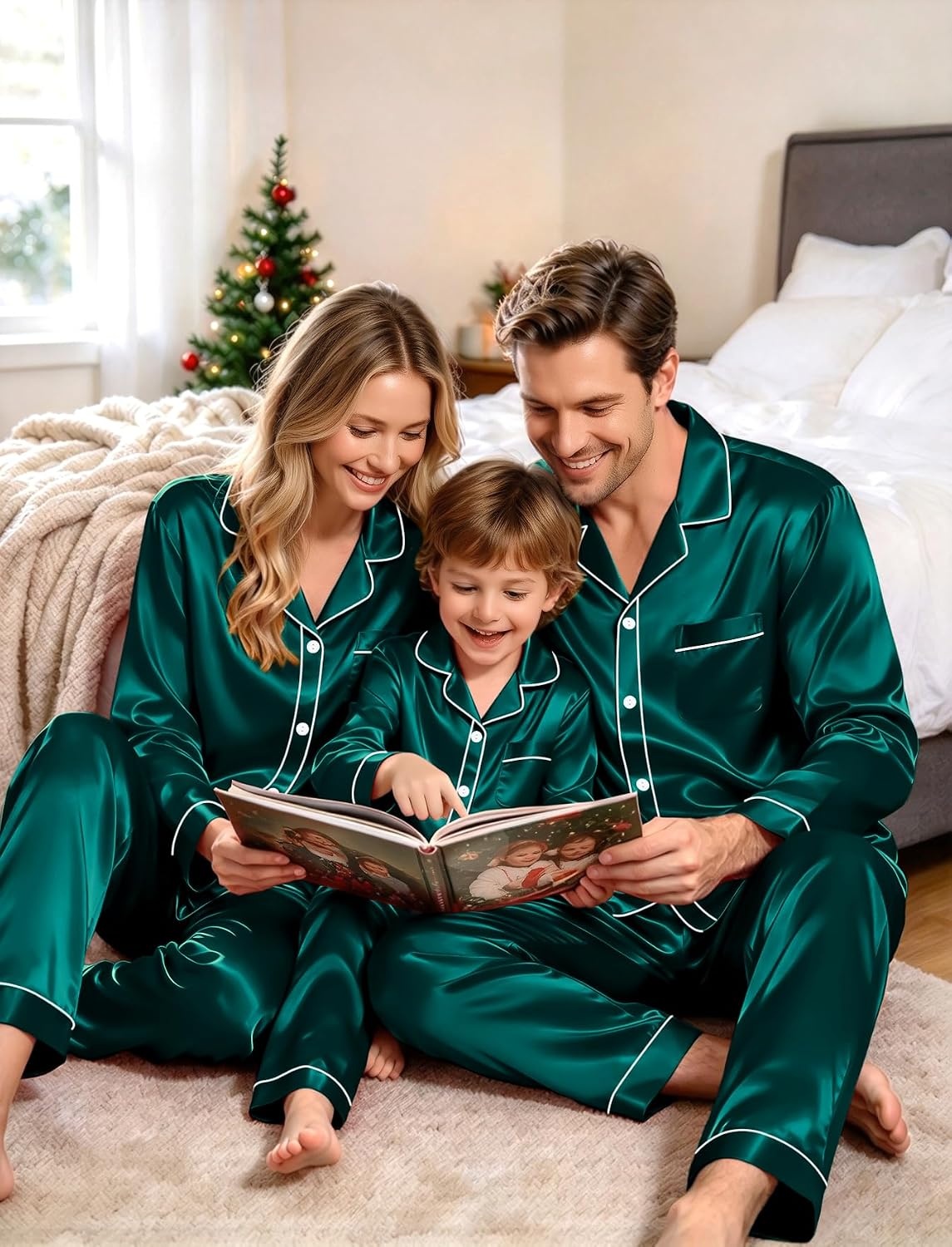 image:imageSWOMOG Family Silky Satin Pajama Set Long Sleeve Pj Set Button Dwon Loungewear 2 PCS Sleepwear SetDeep Green