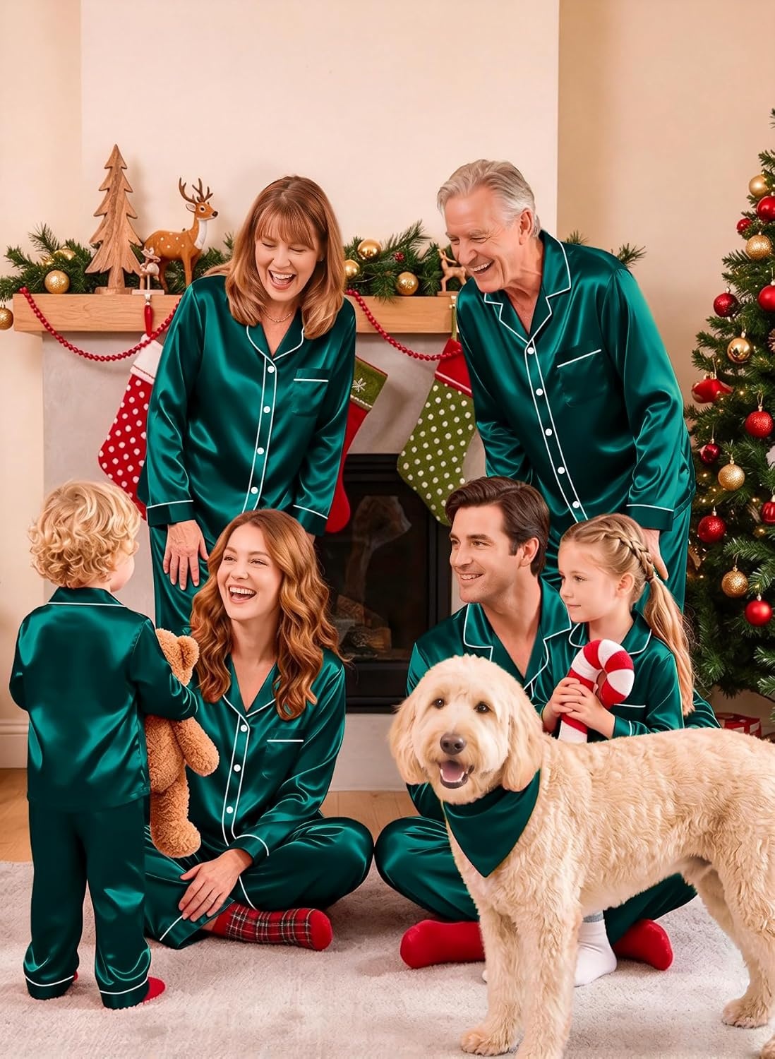 image:imageSWOMOG Family Silky Satin Pajama Set Long Sleeve Pj Set Button Dwon Loungewear 2 PCS Sleepwear SetDeep Green