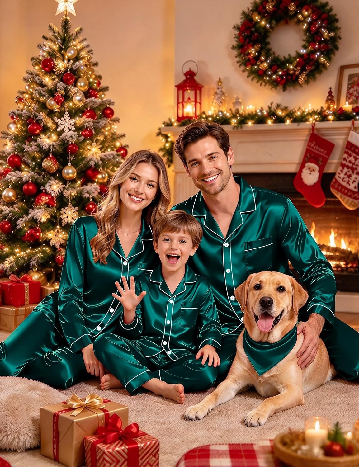 image:imageSWOMOG Family Silky Satin Pajama Set Long Sleeve Pj Set Button Dwon Loungewear 2 PCS Sleepwear SetDeep Green