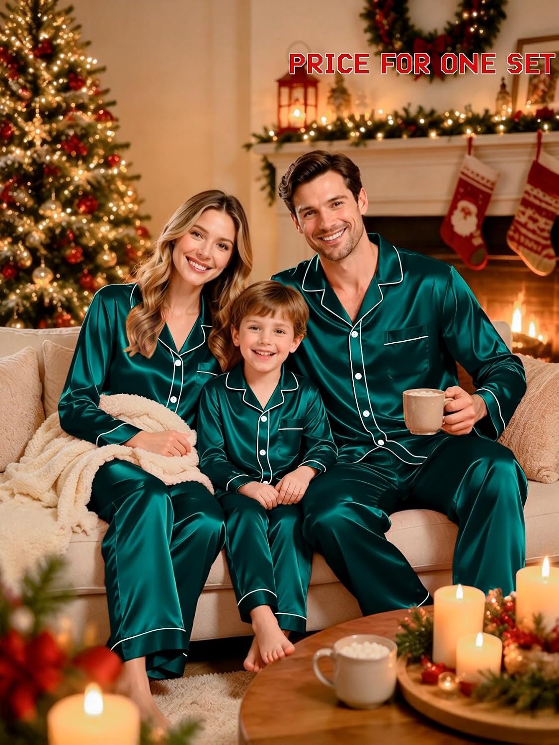 image:imageSWOMOG Family Silky Satin Pajama Set Long Sleeve Pj Set Button Dwon Loungewear 2 PCS Sleepwear SetDeep Green