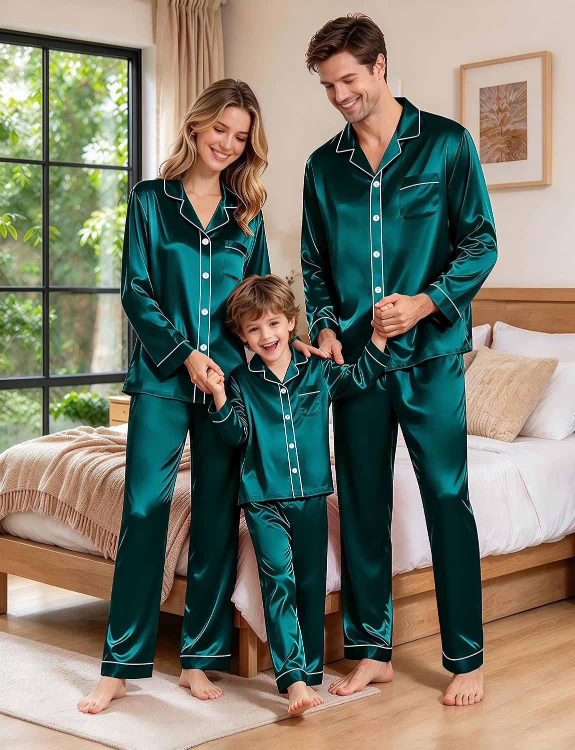 image:imageSWOMOG Family Silky Satin Pajama Set Long Sleeve Pj Set Button Dwon Loungewear 2 PCS Sleepwear SetDeep Green