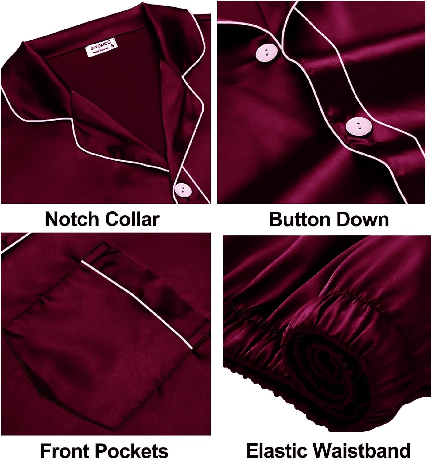 image:imageSWOMOG Family Silky Satin Pajama Set Long Sleeve Pj Set Button Dwon Loungewear 2 PCS Sleepwear SetDeep Wine Red