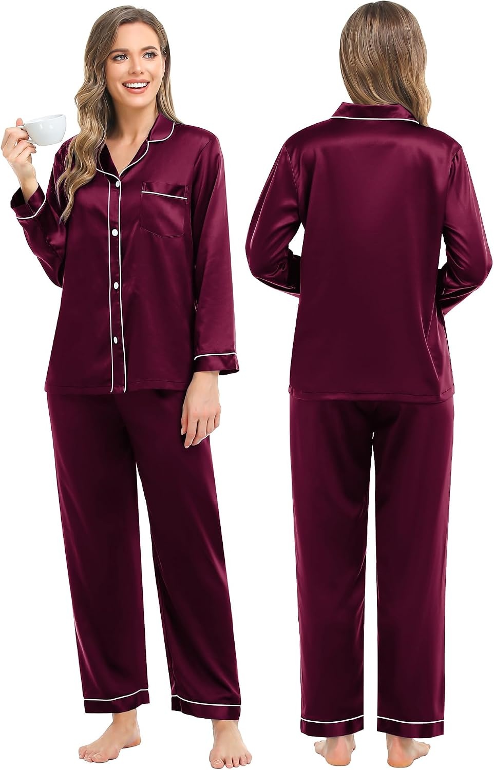 image:imageSWOMOG Family Silky Satin Pajama Set Long Sleeve Pj Set Button Dwon Loungewear 2 PCS Sleepwear SetDeep Wine Red