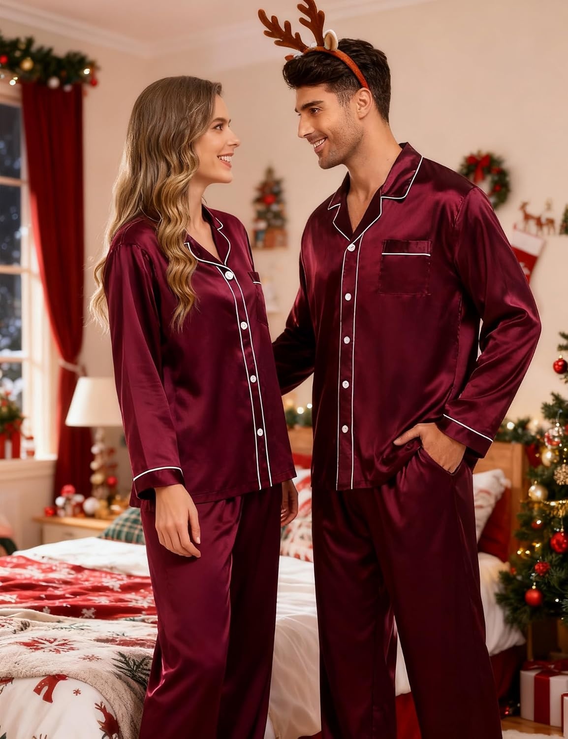 image:imageSWOMOG Family Silky Satin Pajama Set Long Sleeve Pj Set Button Dwon Loungewear 2 PCS Sleepwear SetDeep Wine Red