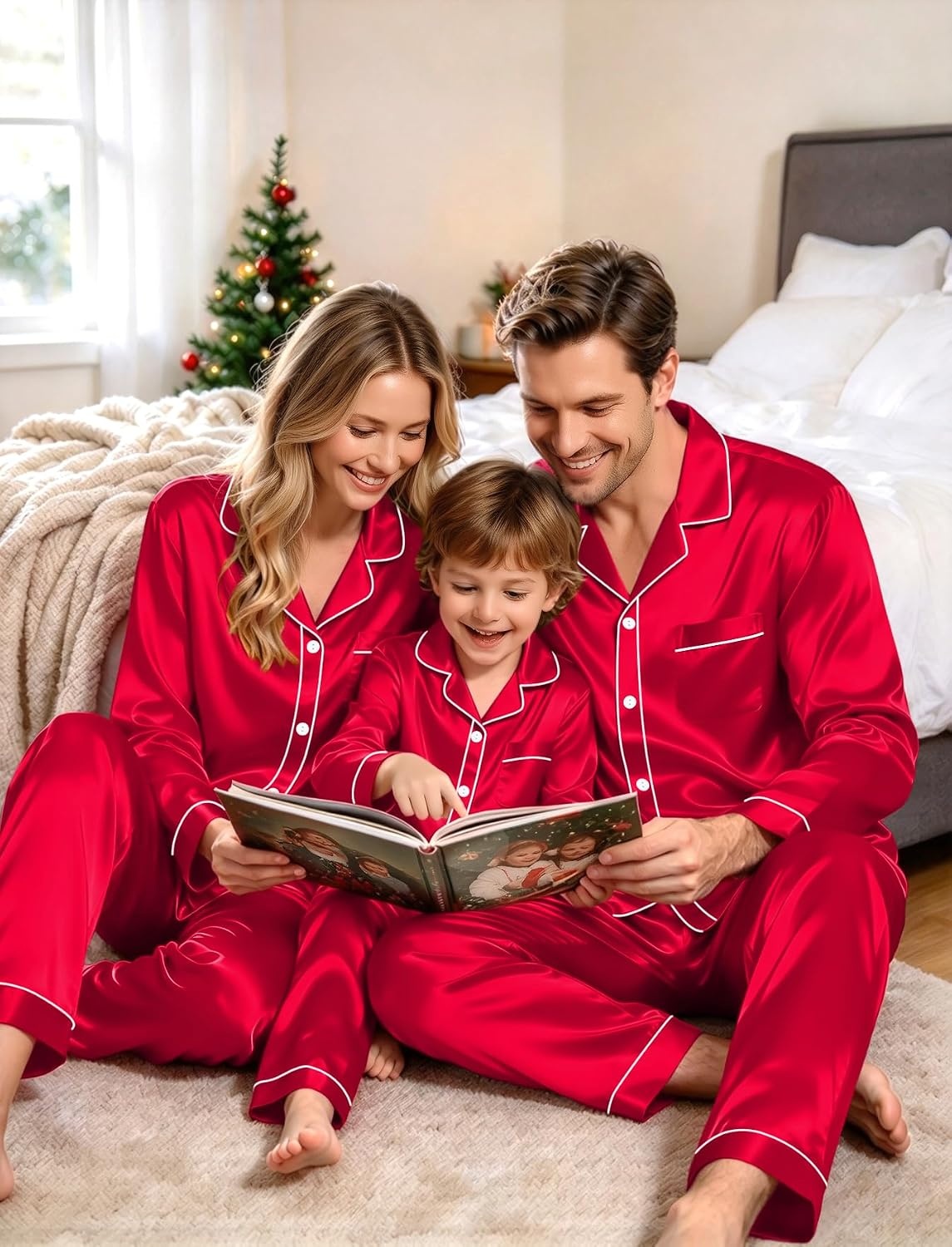 image:imageSWOMOG Family Silky Satin Pajama Set Long Sleeve Pj Set Button Dwon Loungewear 2 PCS Sleepwear SetRed