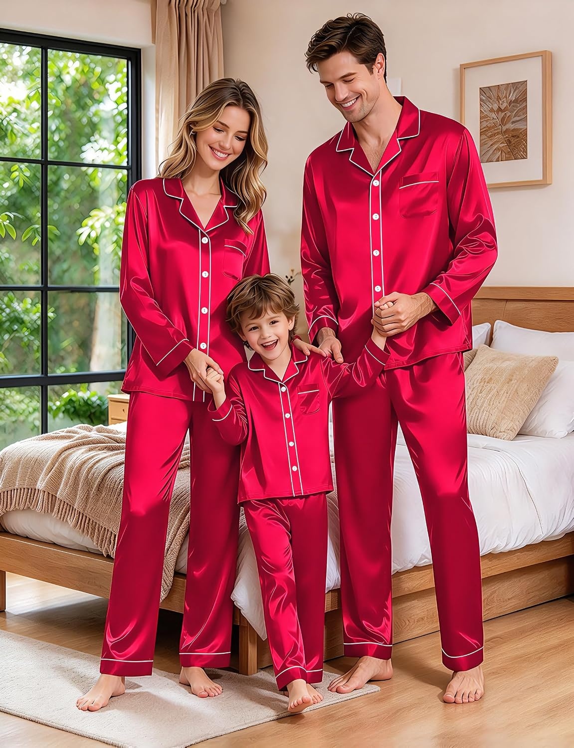 image:imageSWOMOG Family Silky Satin Pajama Set Long Sleeve Pj Set Button Dwon Loungewear 2 PCS Sleepwear SetRed