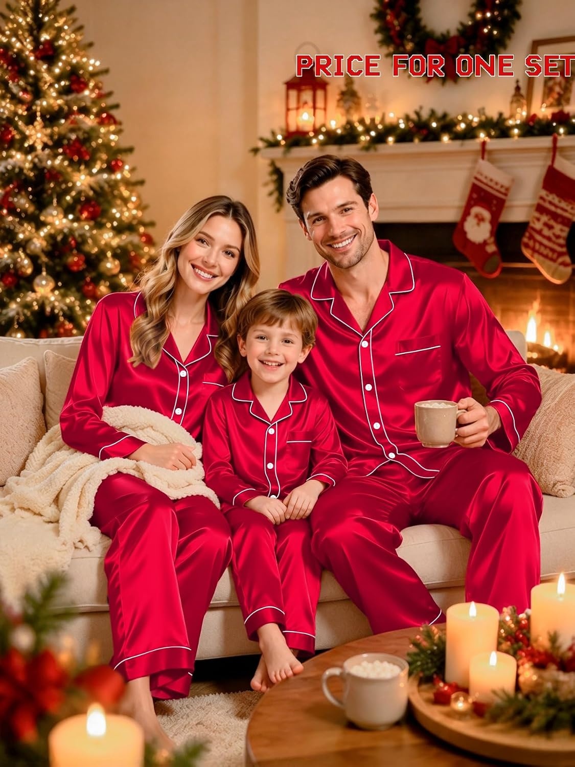 image:imageSWOMOG Family Silky Satin Pajama Set Long Sleeve Pj Set Button Dwon Loungewear 2 PCS Sleepwear SetRed