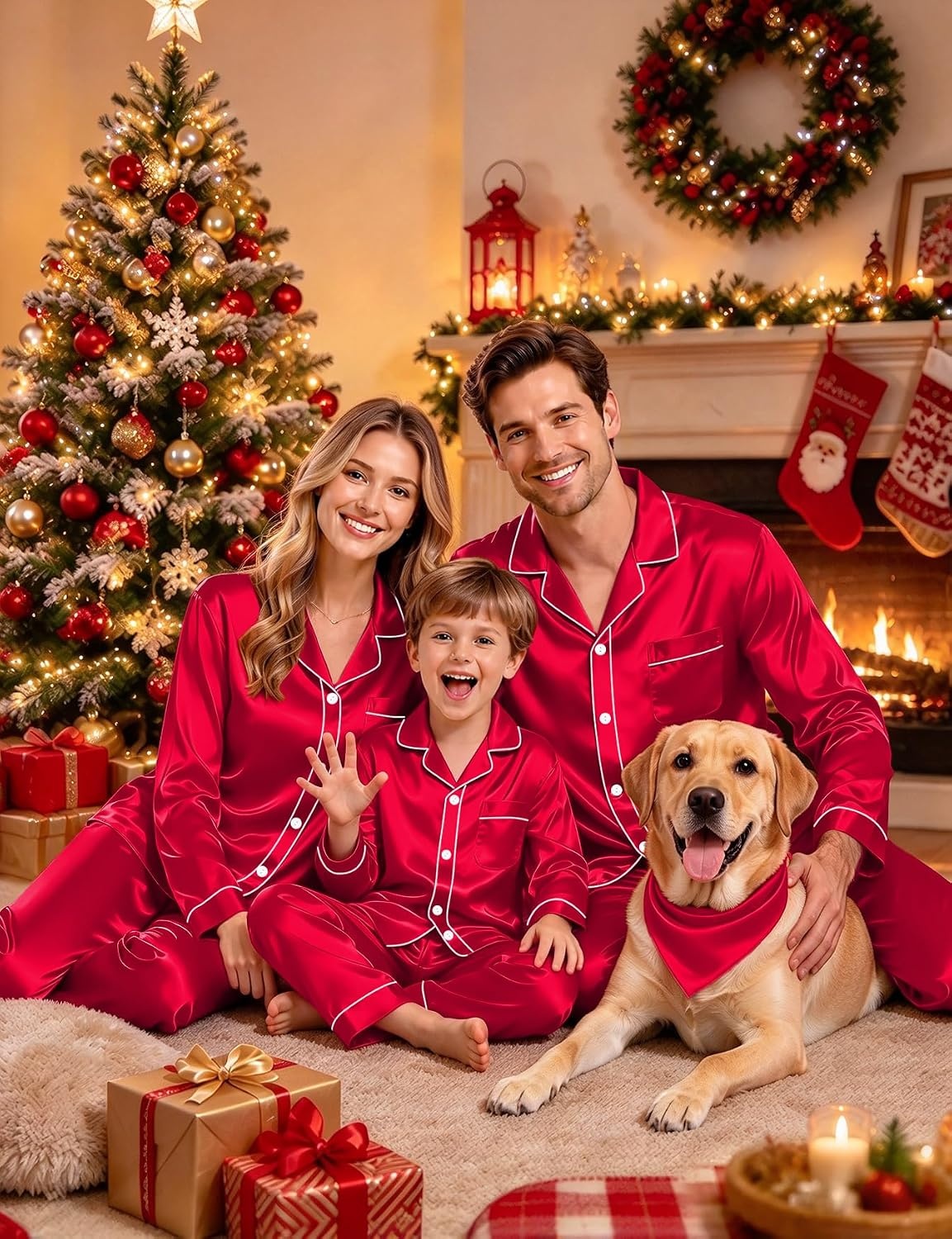 image:imageSWOMOG Family Silky Satin Pajama Set Long Sleeve Pj Set Button Dwon Loungewear 2 PCS Sleepwear SetRed