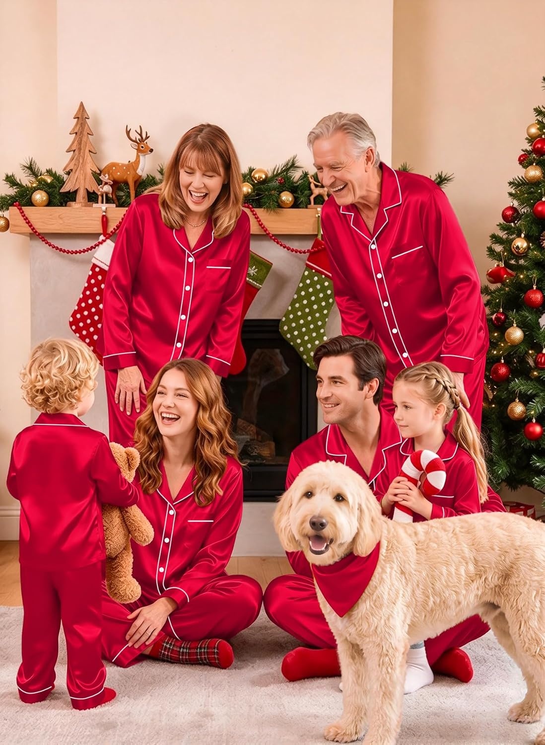 image:imageSWOMOG Family Silky Satin Pajama Set Long Sleeve Pj Set Button Dwon Loungewear 2 PCS Sleepwear SetRed