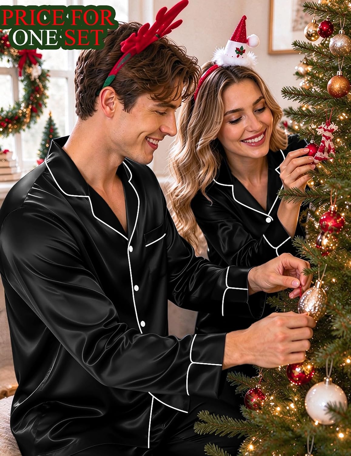 image:imageSWOMOG Matching Satin Pajamas for Couples Long Sleeve Button Down Sleepwear His and Hers Pajamas Sets Christmas LoungewearBlack