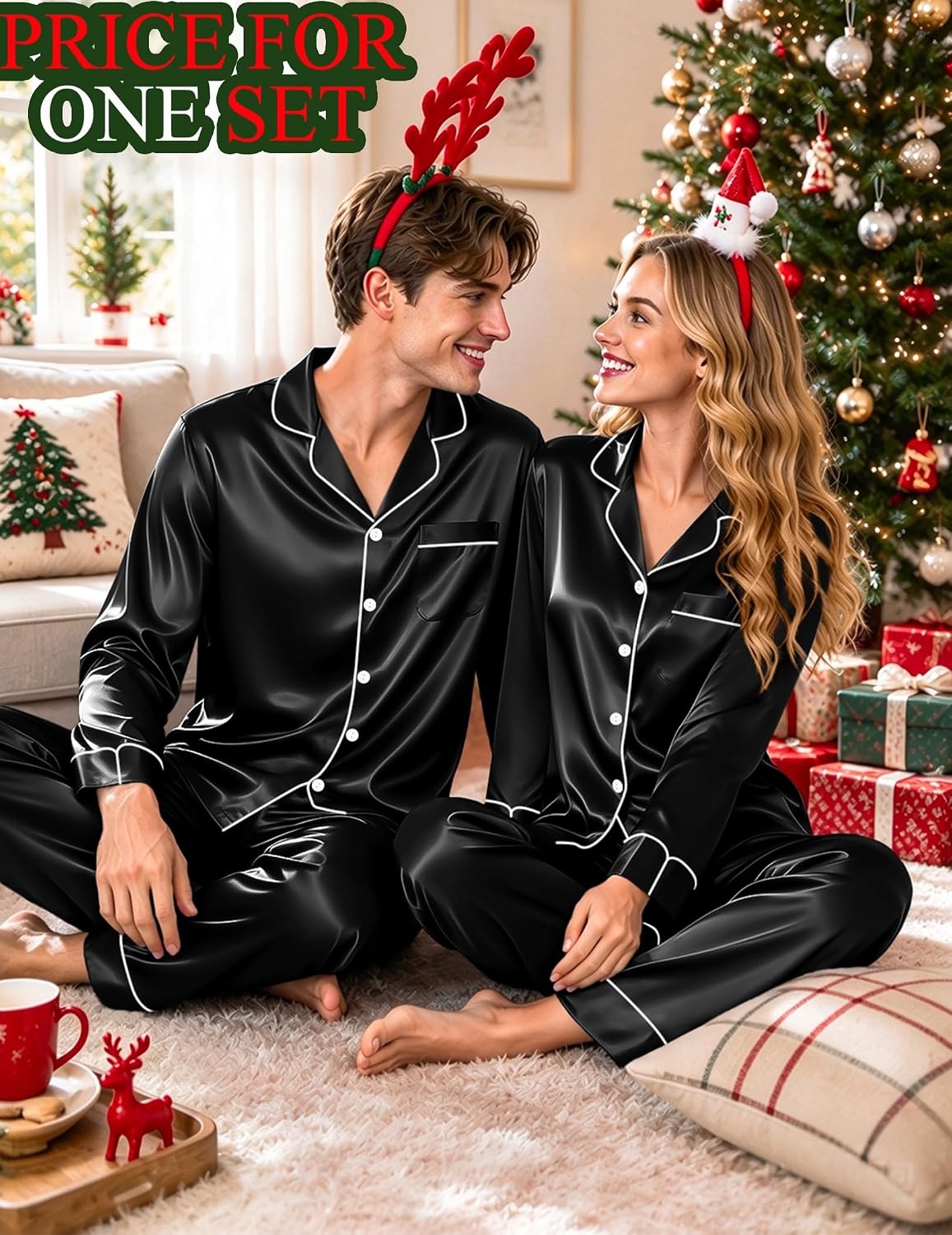 image:imageSWOMOG Matching Satin Pajamas for Couples Long Sleeve Button Down Sleepwear His and Hers Pajamas Sets Christmas LoungewearBlack