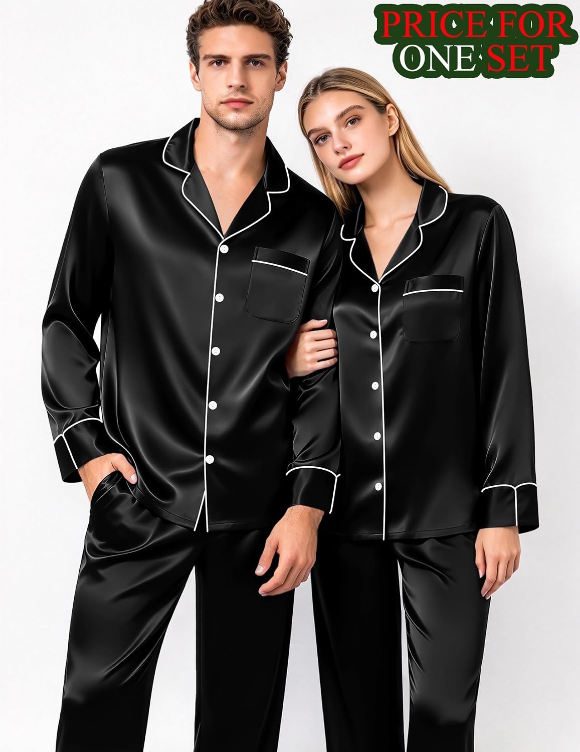image:imageSWOMOG Matching Satin Pajamas for Couples Long Sleeve Button Down Sleepwear His and Hers Pajamas Sets Christmas LoungewearBlack