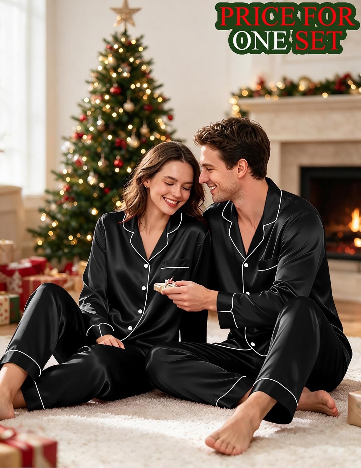 image:imageSWOMOG Matching Satin Pajamas for Couples Long Sleeve Button Down Sleepwear His and Hers Pajamas Sets Christmas LoungewearBlack
