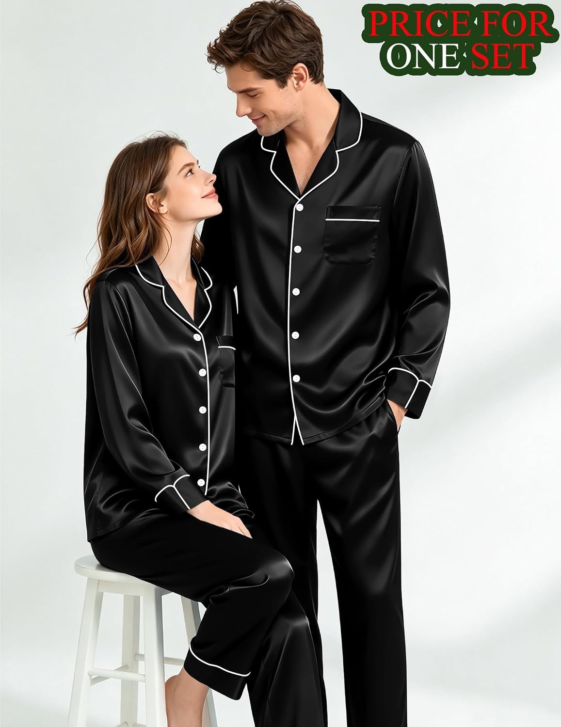 image:imageSWOMOG Matching Satin Pajamas for Couples Long Sleeve Button Down Sleepwear His and Hers Pajamas Sets Christmas LoungewearBlack