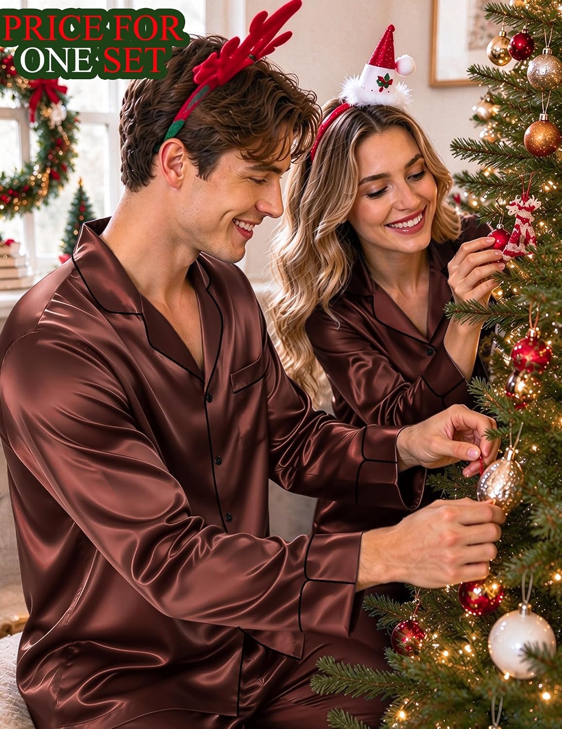 image:imageSWOMOG Matching Satin Pajamas for Couples Long Sleeve Button Down Sleepwear His and Hers Pajamas Sets Christmas LoungewearBrown