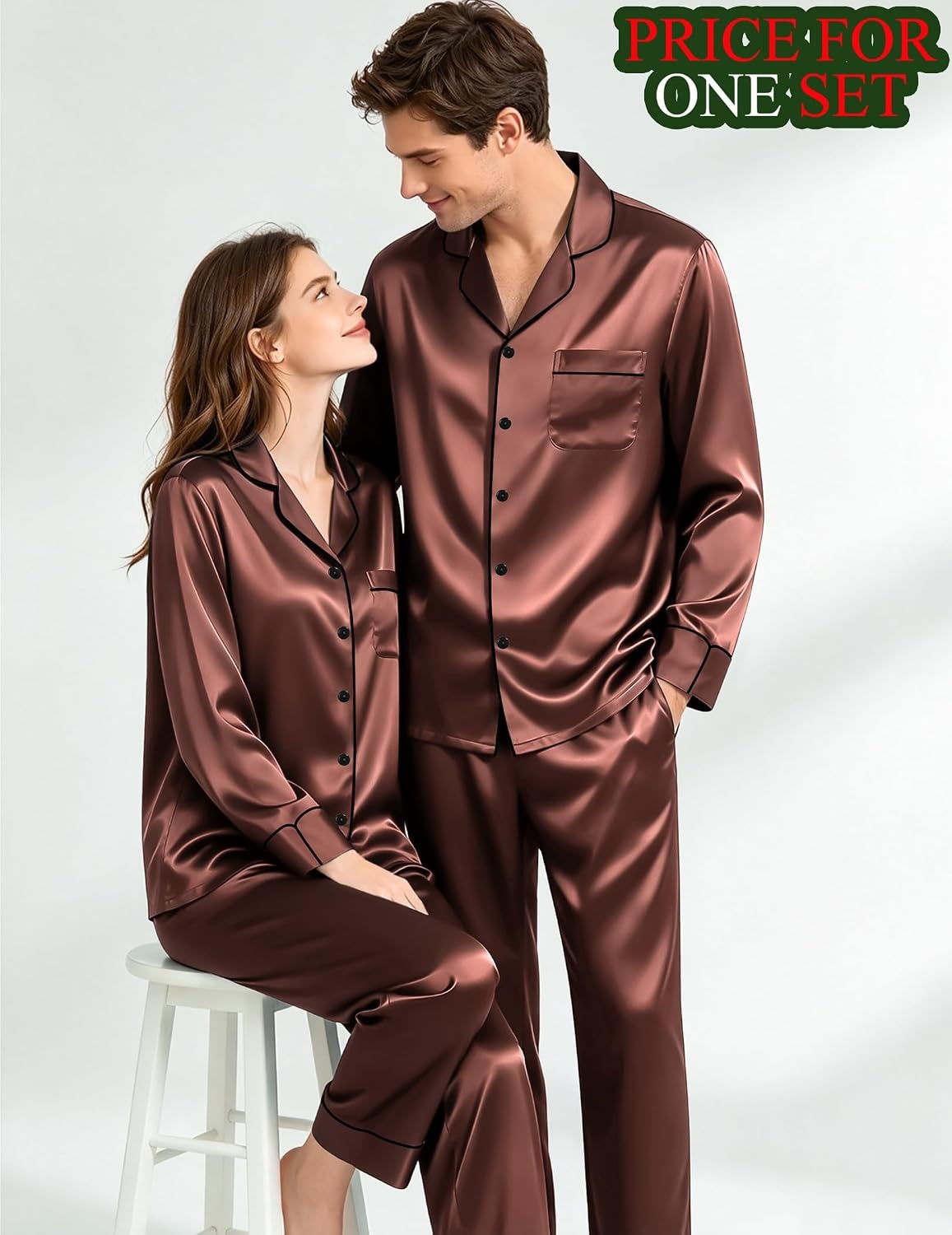 image:imageSWOMOG Matching Satin Pajamas for Couples Long Sleeve Button Down Sleepwear His and Hers Pajamas Sets Christmas LoungewearBrown