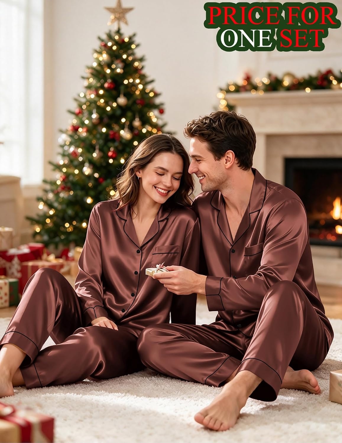 image:imageSWOMOG Matching Satin Pajamas for Couples Long Sleeve Button Down Sleepwear His and Hers Pajamas Sets Christmas LoungewearBrown