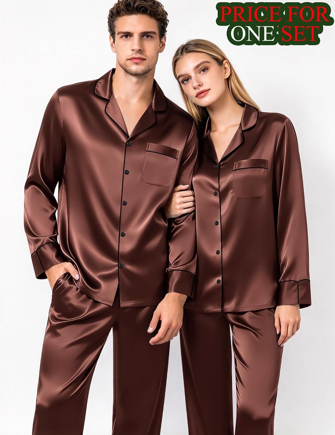 image:imageSWOMOG Matching Satin Pajamas for Couples Long Sleeve Button Down Sleepwear His and Hers Pajamas Sets Christmas LoungewearBrown