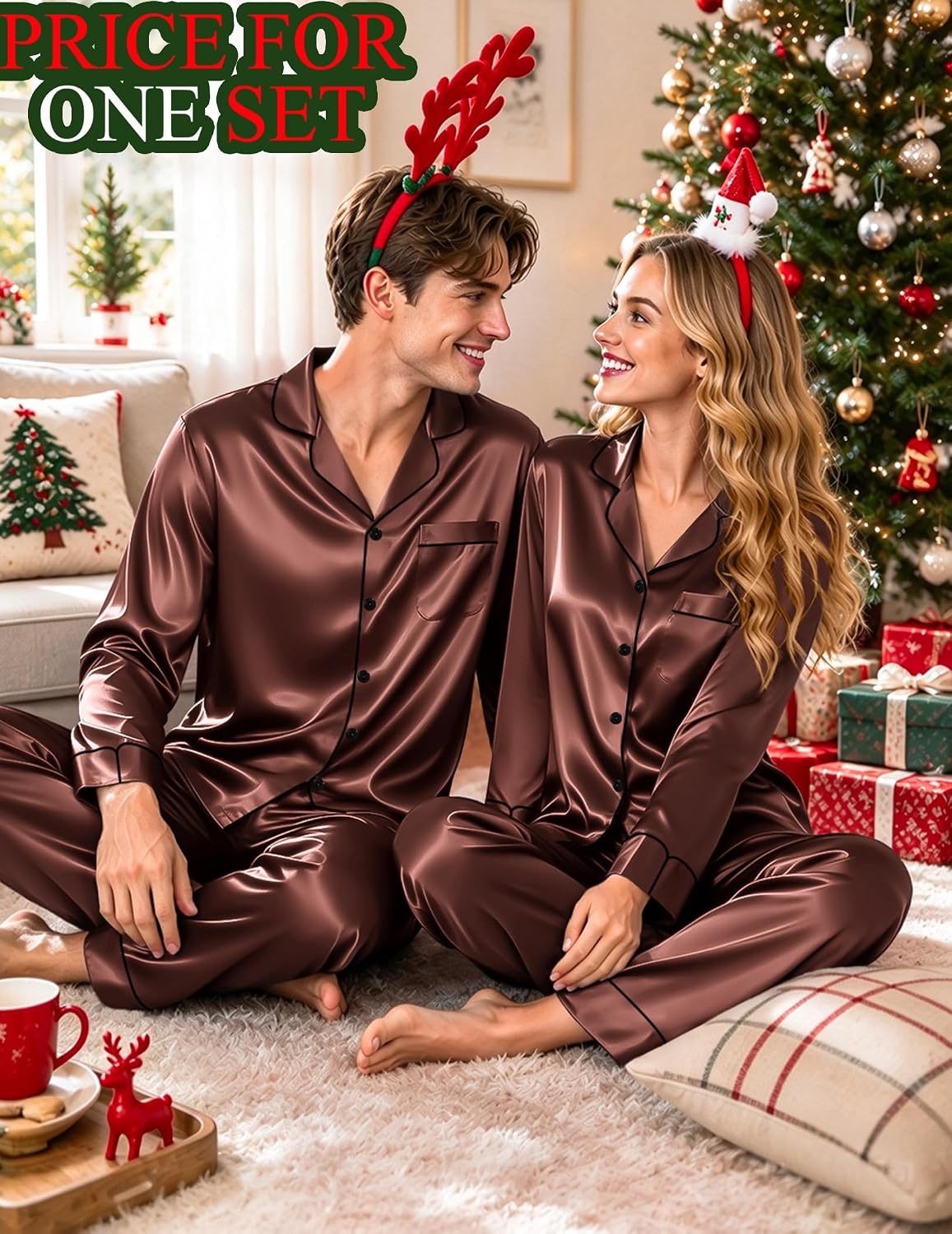 image:imageSWOMOG Matching Satin Pajamas for Couples Long Sleeve Button Down Sleepwear His and Hers Pajamas Sets Christmas LoungewearBrown