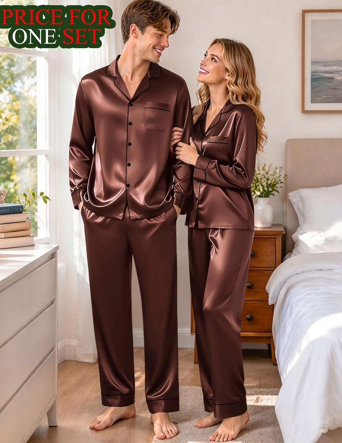 image:imageSWOMOG Matching Satin Pajamas for Couples Long Sleeve Button Down Sleepwear His and Hers Pajamas Sets Christmas LoungewearBrown