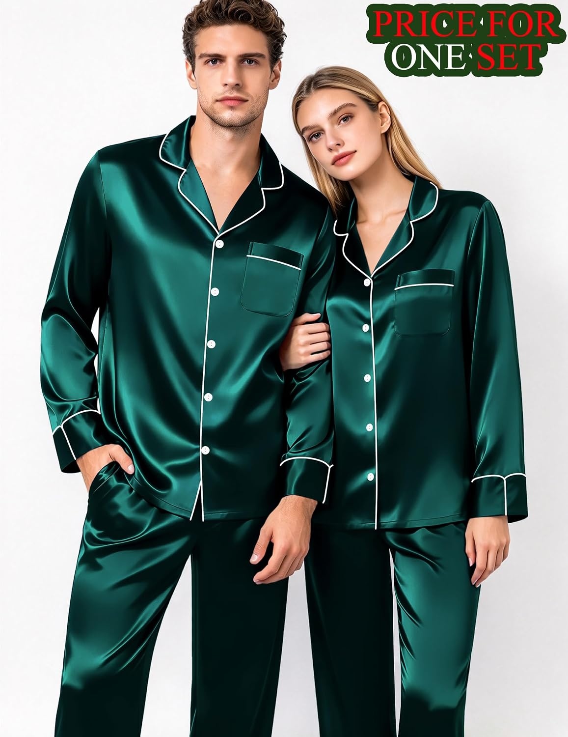 image:imageSWOMOG Matching Satin Pajamas for Couples Long Sleeve Button Down Sleepwear His and Hers Pajamas Sets Christmas LoungewearDark Green
