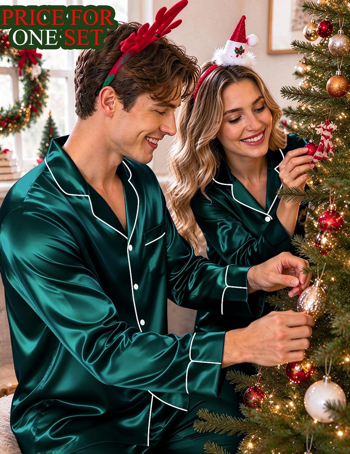 image:imageSWOMOG Matching Satin Pajamas for Couples Long Sleeve Button Down Sleepwear His and Hers Pajamas Sets Christmas LoungewearDark Green