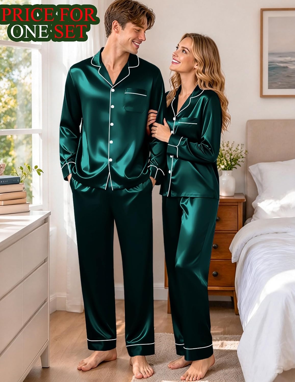 image:imageSWOMOG Matching Satin Pajamas for Couples Long Sleeve Button Down Sleepwear His and Hers Pajamas Sets Christmas LoungewearDark Green