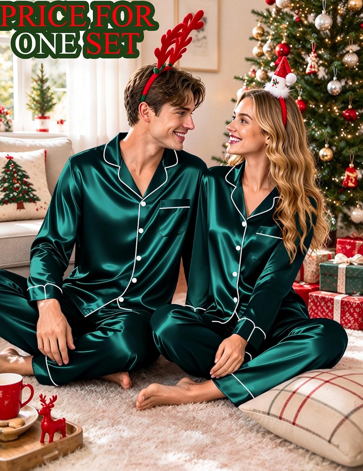 image:imageSWOMOG Matching Satin Pajamas for Couples Long Sleeve Button Down Sleepwear His and Hers Pajamas Sets Christmas LoungewearDark Green