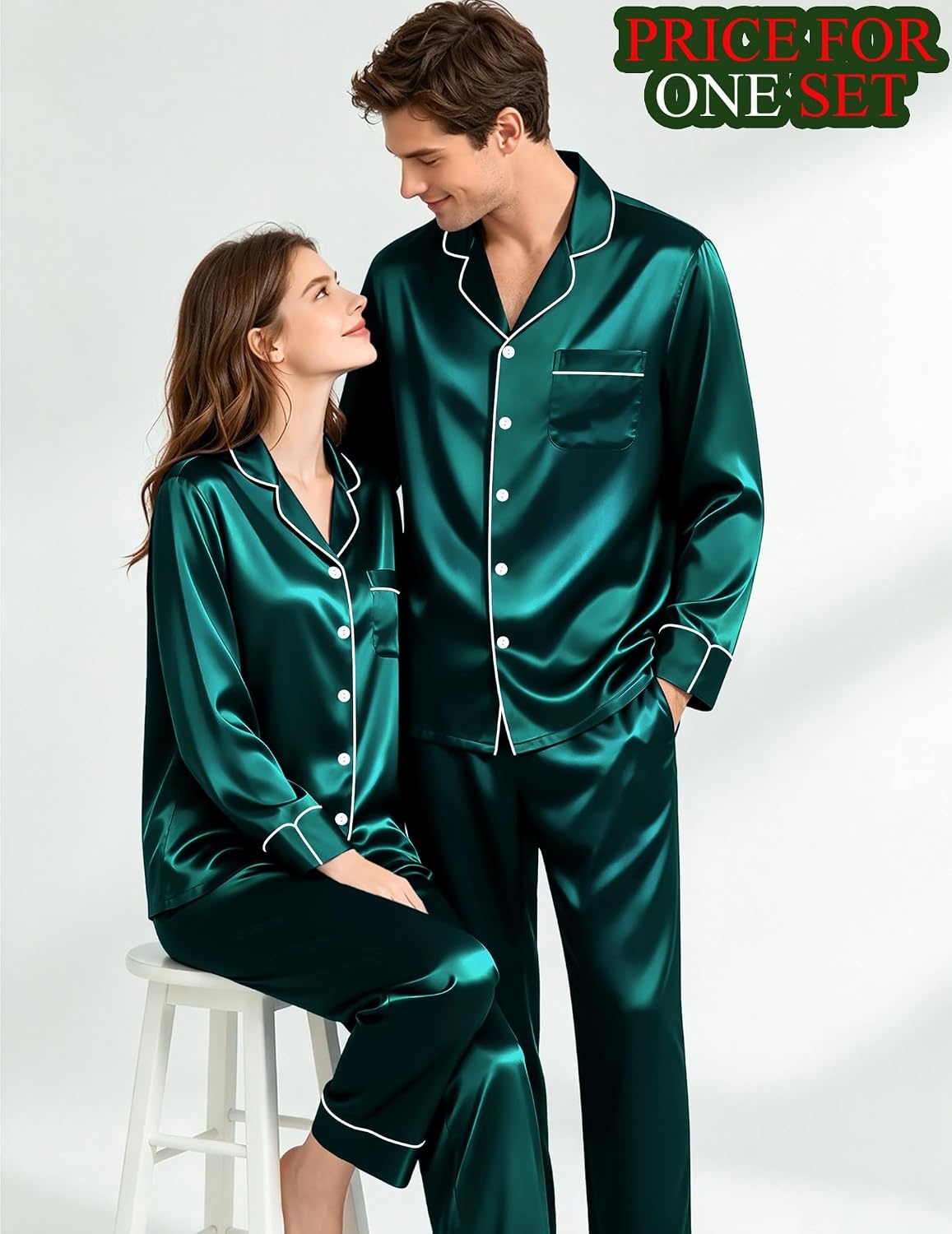 image:imageSWOMOG Matching Satin Pajamas for Couples Long Sleeve Button Down Sleepwear His and Hers Pajamas Sets Christmas LoungewearDark Green
