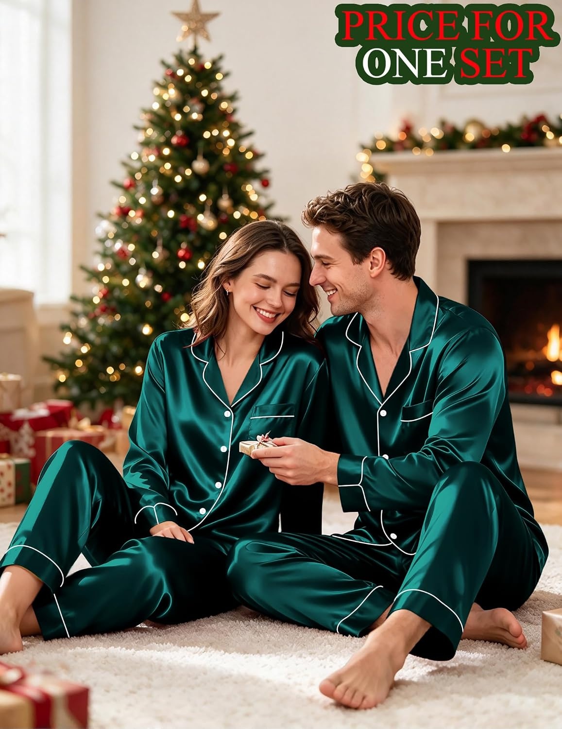 image:imageSWOMOG Matching Satin Pajamas for Couples Long Sleeve Button Down Sleepwear His and Hers Pajamas Sets Christmas LoungewearDark Green
