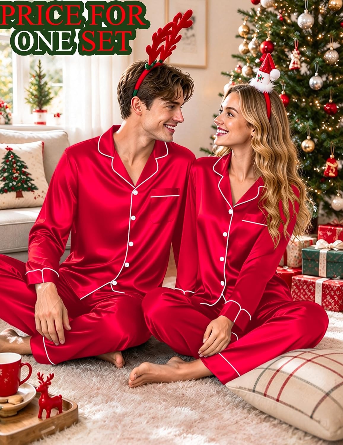 image:imageSWOMOG Matching Satin Pajamas for Couples Long Sleeve Button Down Sleepwear His and Hers Pajamas Sets Christmas LoungewearRed