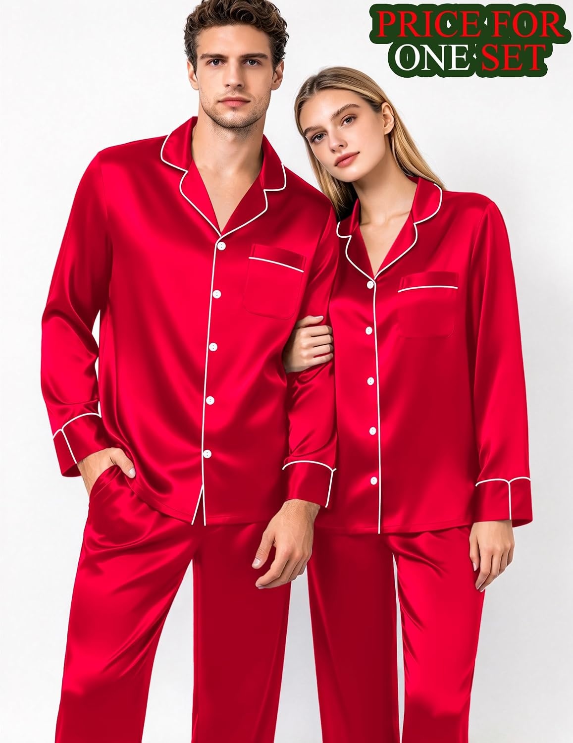 image:imageSWOMOG Matching Satin Pajamas for Couples Long Sleeve Button Down Sleepwear His and Hers Pajamas Sets Christmas LoungewearRed