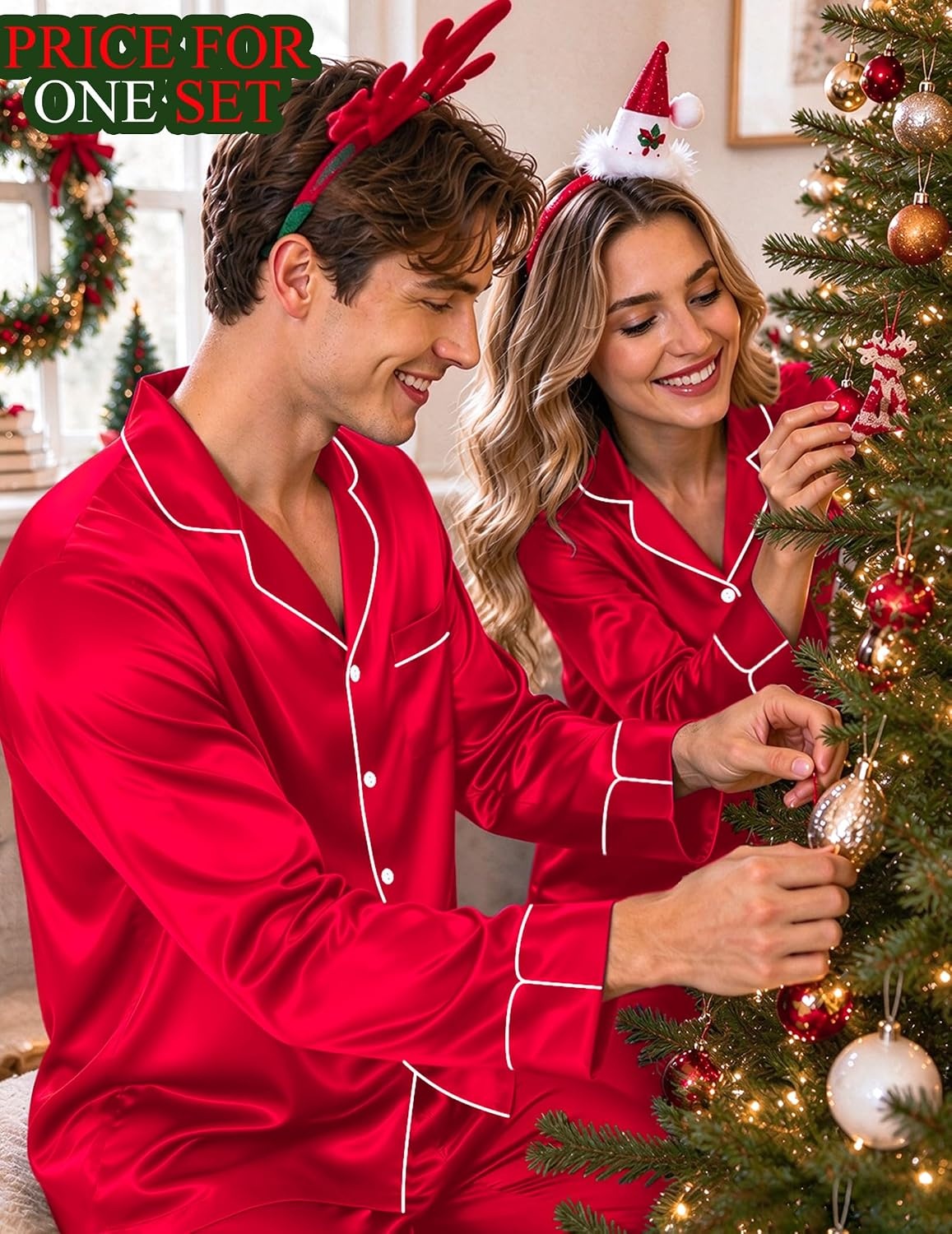 image:imageSWOMOG Matching Satin Pajamas for Couples Long Sleeve Button Down Sleepwear His and Hers Pajamas Sets Christmas LoungewearRed