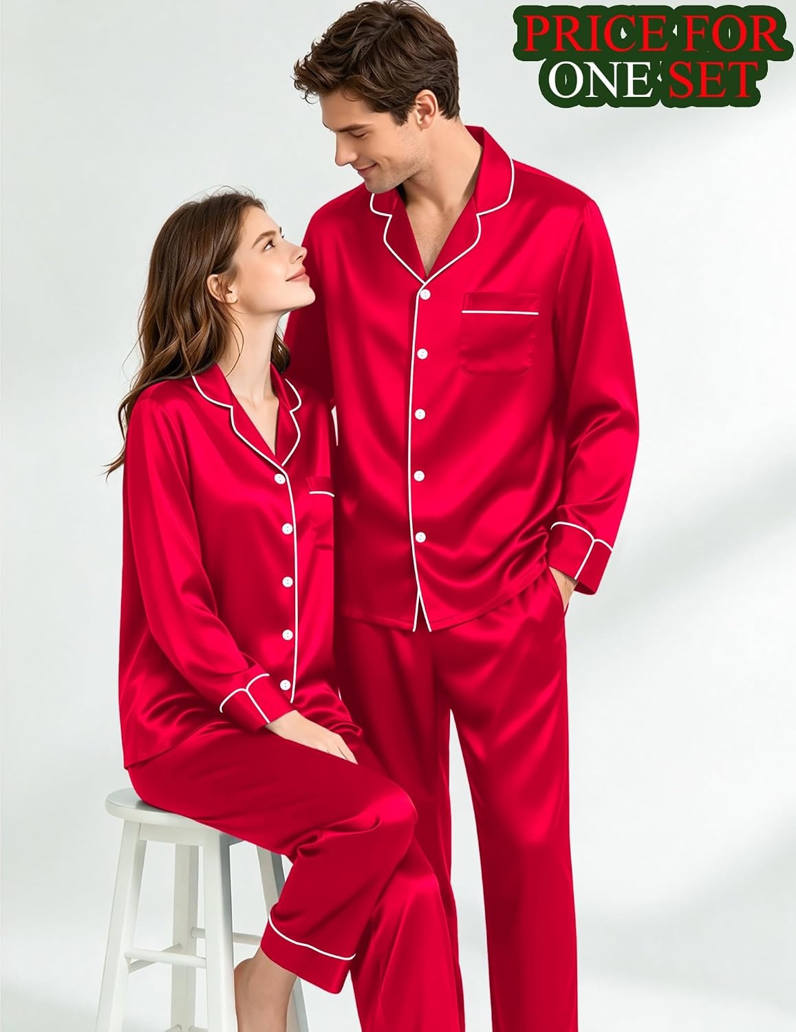 image:imageSWOMOG Matching Satin Pajamas for Couples Long Sleeve Button Down Sleepwear His and Hers Pajamas Sets Christmas LoungewearRed