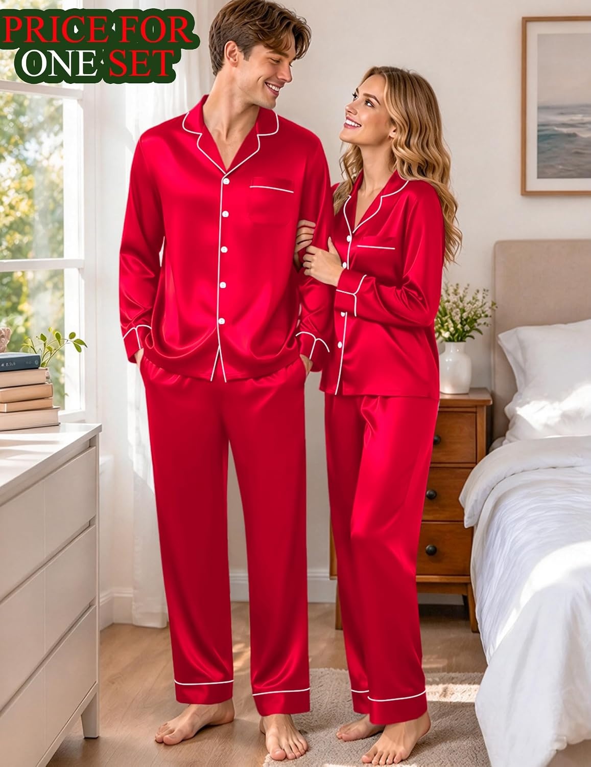 image:imageSWOMOG Matching Satin Pajamas for Couples Long Sleeve Button Down Sleepwear His and Hers Pajamas Sets Christmas LoungewearRed